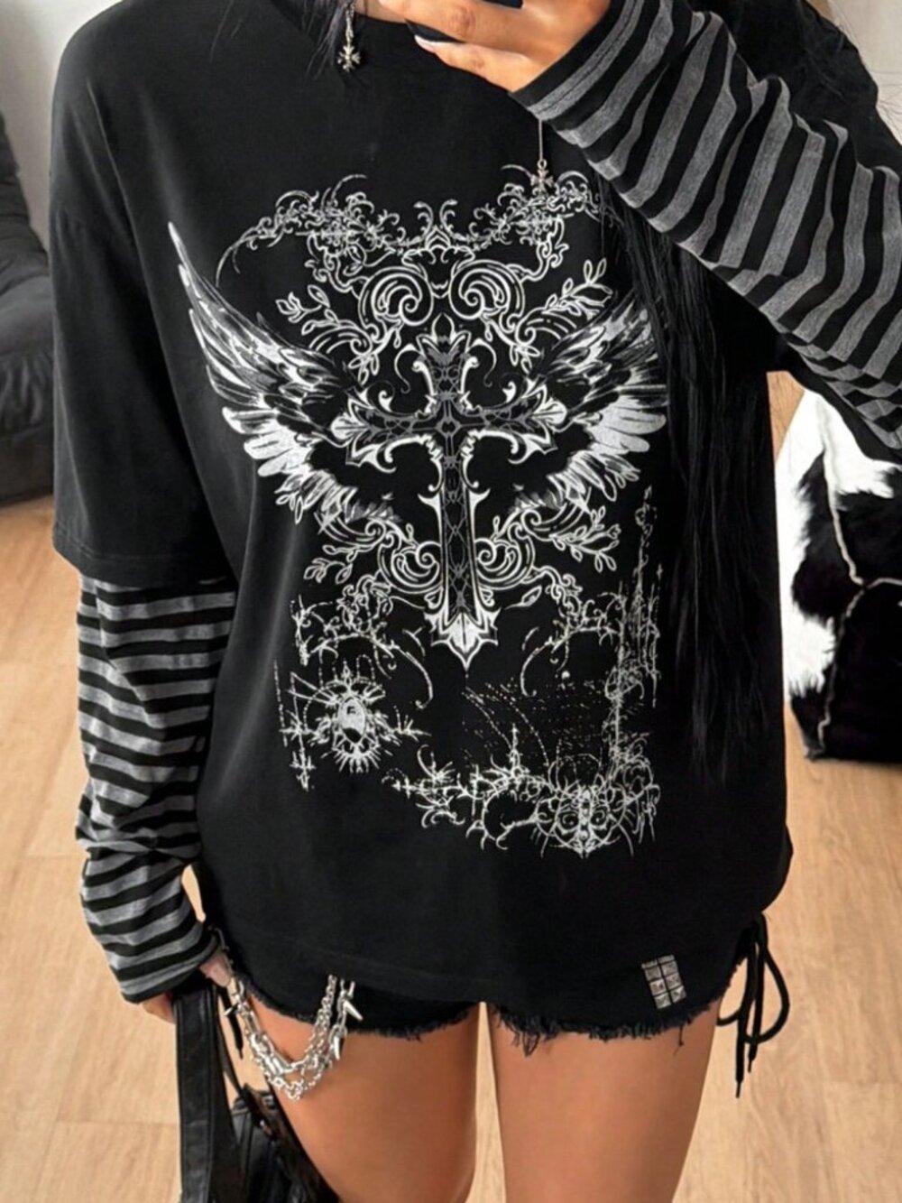 Black Gothic Cross Wing Print Tee with Striped Sleeves